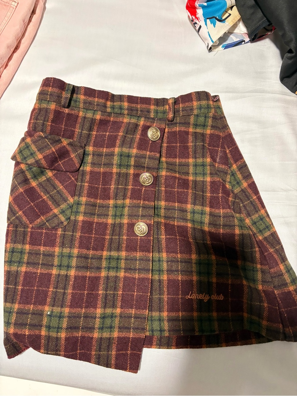 Lonely Club Burgundy & Olive Plaid Mini Skirt